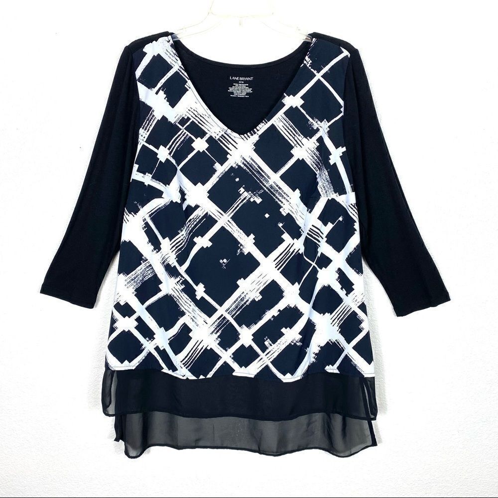 Lane Bryant Black & White Long Sleeve Sheer Hem Blouse